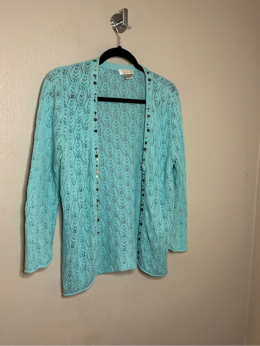 Christopher & Banks Open Knit Beaded Cardigan Sweater | Medium | Aqua Blue